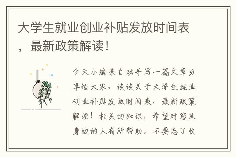 大學(xué)生就業(yè)創(chuàng)業(yè)補(bǔ)貼發(fā)放時(shí)間表，最新政策解讀！